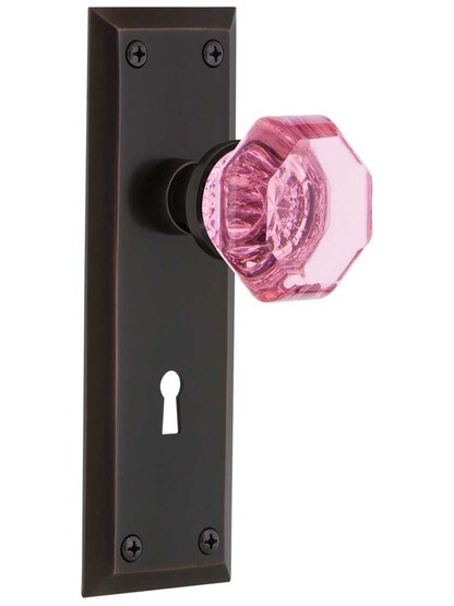 New York Door Set with Keyhole and Colored Waldorf Crystal Glass Knobs Pink in Timeless Bronze.